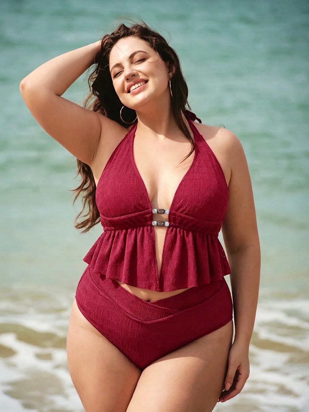Berlook Red Textured Halter Plus Size Tankini Top & Bottom